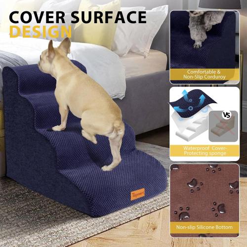 Dog Stairs for Small Dogs,4-Step,Foam Dog Steps&Ramps for Couch/High Beds with Waterproof &Removable Cover, Non-Slip, Blue