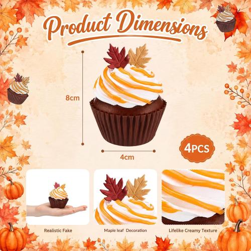Novabright 4 Pcs Fall Fake Cupcakes Fall Tiered Tray Decor Foam Artificial Cupcakes Autumn Maple Leaf Farmhouse Decoration Thanksgiving Party Home Photography Props
