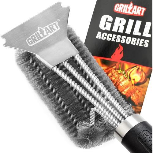 GRILLART Grill Brush and Scraper BBQ Brush for Grill, Safe 18 Stainless Steel Woven Wire 3 in 1 Bristles Grill Cleaning Brush, BR-4516