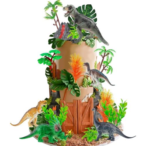 18 Dinosaur Cake Toppers With Eggs, Leaves, Trees - Dinosaur Themed Cake Decorations