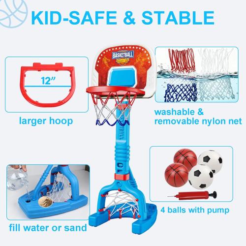 Toddler Basketball Hoop Indoor, Adjustable Kids Basketball Hoop and Soccer Goal for Ages 1-3 3-5, Portable Mini Basketball Hoop Set with 4 Balls for Boys Girls Child Indoor Outdoor Poolside MAY HAVE MISSING ACCESSORIES