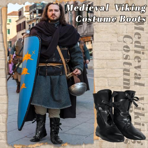 Panitay Men's Medieval Boots Renaissance Cosplay Festival Shoes Viking Leather Boots Non Slip Pirate Tied Shoes