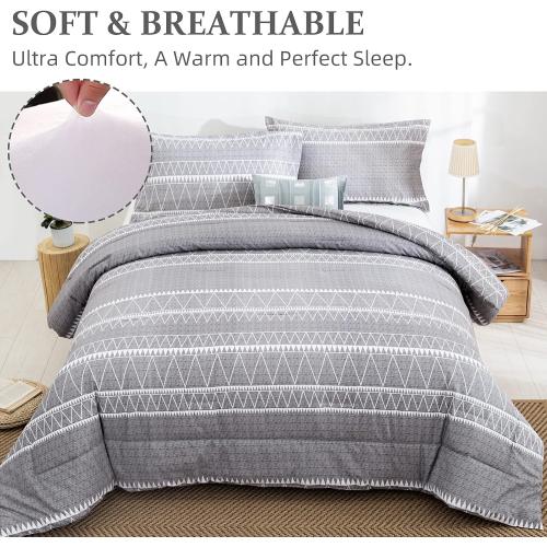 WONGS BEDDING Grey Comforter Set Queen Size, Soft Bohomian Comforter with 2 Pillowcases, Reversible Boho Striped Bedding Set Queen for All Season (90x 90)