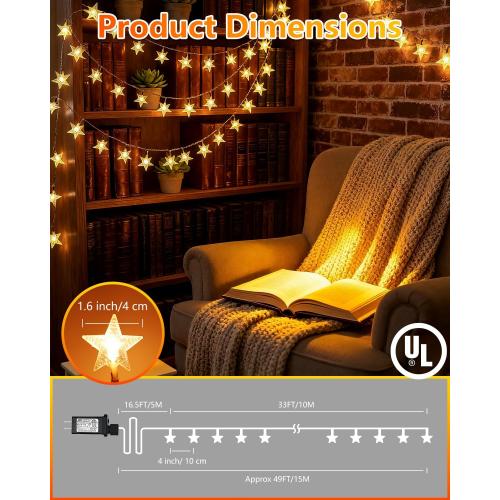 Twinkle Star 100 LED Star String Lights, 33FT Plug in Fairy String Lights Waterproof for Bedroom Decor, Indoor, Outdoor, Wedding Party, Christmas Tree, New Year, Ramadan, Warm White