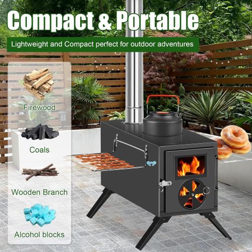 Portable Wood Stove, Foldable Hot Tent Stove, Wood Burning Stove with Chimney, No Smoke Leakage & Easy to Install, for Camping, Hunting, Ice Fishing, Cooking