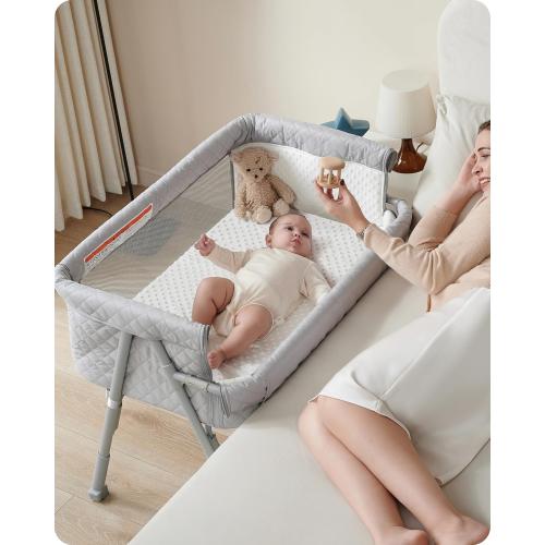 AirClub Bassinet Bedside Sleeper, Baby Crib for Newborn, Baby Bassinets Bedside Sleeper with 4 Auto-Lock & Adjustable Height, Breathable Mesh & Mattress, Bedside Bassinet