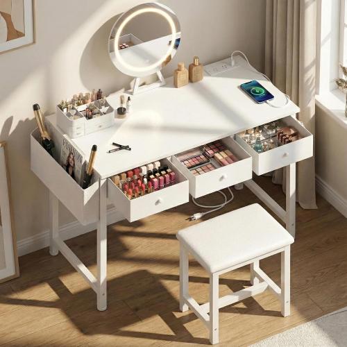 Girls Vanity Desk with Mirror and Lights Small Makeup Vanitys Set with Chair Fabric Drawers Power Outlet, Dressing Table Vanities for Kids Bedroom 40“ White