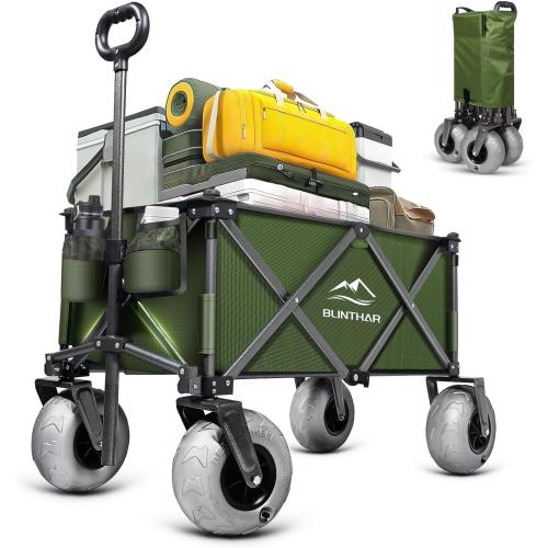 Beach Wagon with Big Wheels for Sand, Heavy Duty Harder Sand Collapsible Folding Wagon with All-Terrain 9 Pneumatic Ballon Tires, Utility Wagon for Garden Sports Camping Outdoor Activities