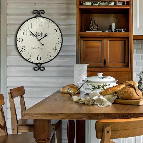 24 Inch Large Farmhouse Wall Clock, Wrought Iron Frame with Warm Gray Finish, Silent Battery Operated Wall Clock for Living Room Kitchen Bedroom