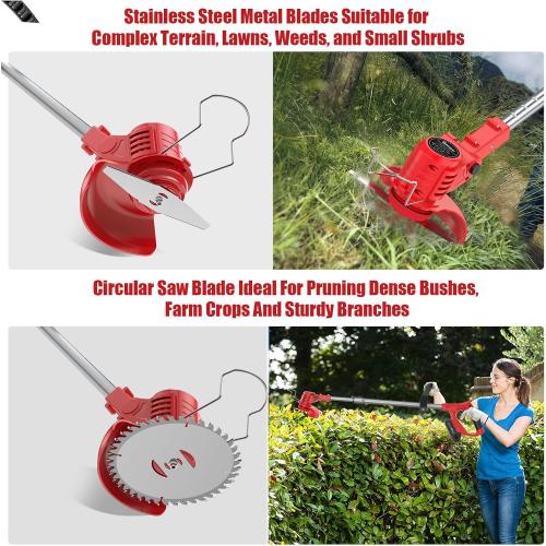 Weed Wacker 21V, Bamse Cordless String Trimmer with 2 Batteries 2.0Ah, 2 Types Metal Blades Powered Weed Eater, Pruning Shears, Adjustable Pole GrassTrimmer for Garden and Yard Lawn, Red