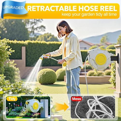 130 ft x 1/2 Retractable Garden Hose Reel, Heavy Duty Water Hose Reel Wall Mounted, Any Length Lock, 180°Swivel, Water Hose with 8-Function Nozzle for Cleaning, Watering (Yellow)
