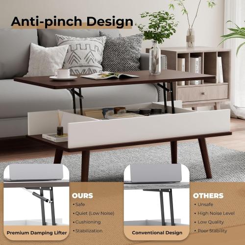 Lift Top Coffee Table, One Minute No Assembly Required Rising Tabletop Center Table with Large Hidden Storage Compartment, Open Shelf, Anti-Pinch Design Mute for Living Room (Black Walnut)