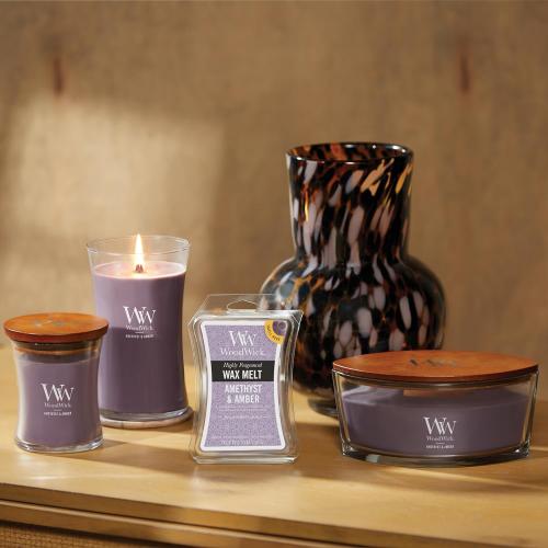 WoodWick Medium Hourglass Candle Amethyst/Amber - Premium Soy Blend Wax Pluswick Innovation Wood Wick Made in USA