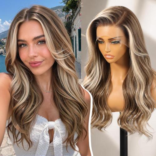 KOME Brown Highlight Wavy 13×6 Synthetic Lace Front Wig for Women 22IN