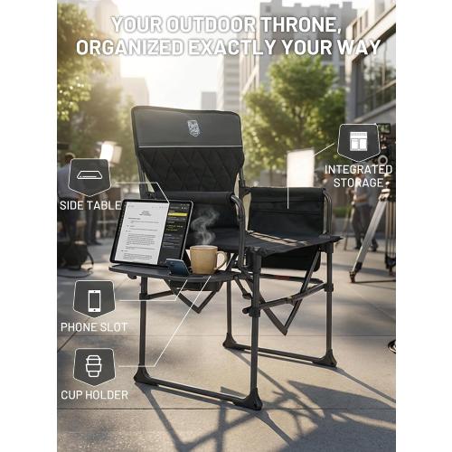TIMBER RIDGE 400lbs Heavy Duty Camping Chair Portable Directors Chair | Folding Camp Chair with Side Table & Pocket Compact Size for Outdoor, Lawn, Sports and Fishing, Black