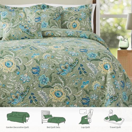 TWINRUN King Size Cotton Quilt Set | Vintage Sage Green/Dusty Blue Bedspread with Botanica (98x106 Inch   2 Pillowcases) | Lightweight Farmhouse Bedding for Coastal & Boho Bedrooms for All Seasons