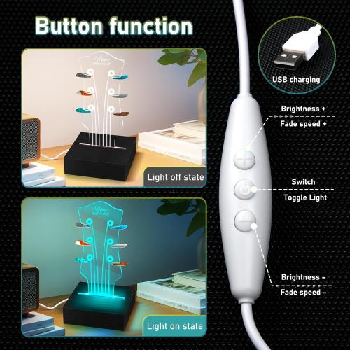 Guitar Pick Holder with with Remote Control & 7 Color LED Lights - Classic Headstock Shaped Display Case for 6 Picks, USB-Powered Music Decor & Nightlight Gift for Guitar Players