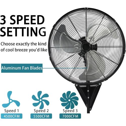 20” Wall Mount Fan 7000 CFM High Velocity Wall Industrial Fan 120° Oscillating Fans 3-Speed for Household, Commercial Use - ETL Listed, Black