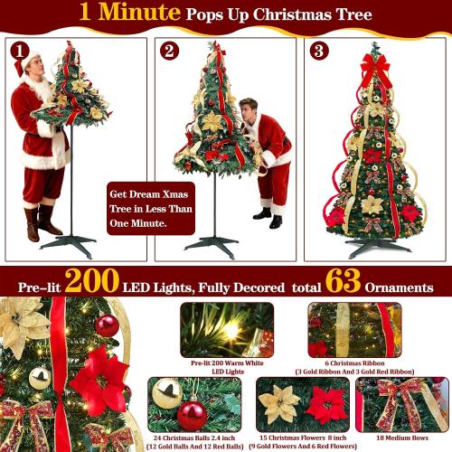 6.5 Ft Pop up Christmas Tree,Prelit 200 Warm White LED Lights,Opens Instantly,Fully Decorated,8 Lighting Modes & Timer,Fire-Resistant,Foldable,Collapsible Xmas Tree Outdoor Indoor Holiday Party Decor