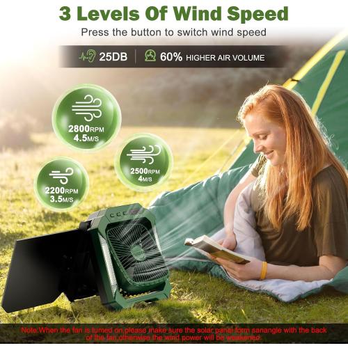 26800mAh Solar Battery Camping Fan, 3 Speeds Portable Fan with 18W Detachable Solar Panel, Rechargeable Desk Fan with LED Light & Timing Function, Outdoor Hurricane Tent Power Bank for Home Office