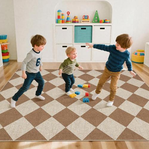 GarveeHome Checkered Easy Jute Area Rug 8x10 Machine Washable Non-Slip Stain Resistant Indoor Outdoor Rugs for Living Room, Bedroom, Kitchen, Dining, Patio Farmhouse Style Brown