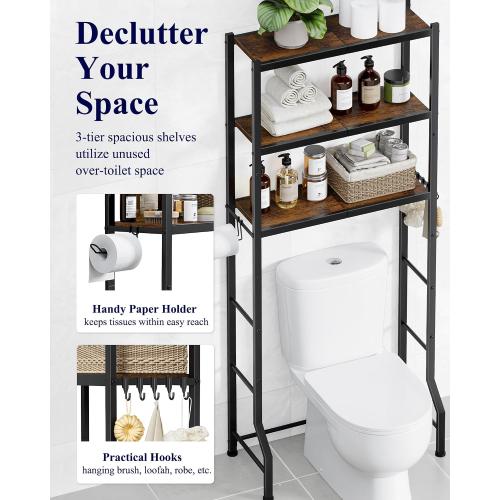 Kitsure Over The Toilet Storage Rack, 3-Tier Metal Frame | Small Bathroom, Space Saving Storage, Heavy Duty Metal Frame, Easy Assembly, Brown & Black, 61H