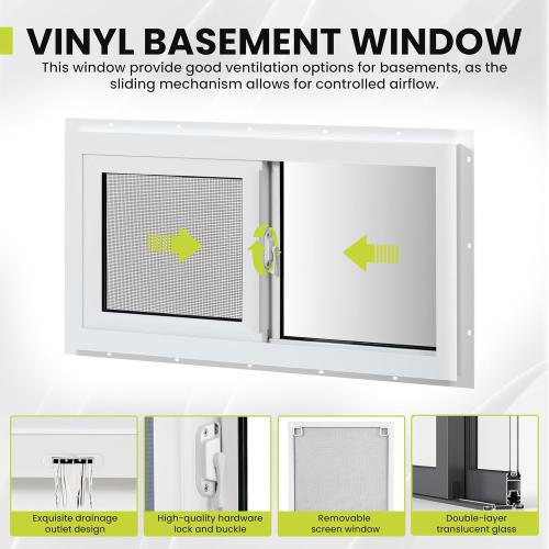 Vinyl Basement Window, 24 x 12 Slider Window with Double Pane Insulated Tempered Glass and Fiberglass Mesh Screen for Basement Bathroom Home Rv Garage (White)