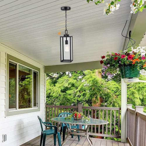 17 Inch Outdoor Pendant Light Dusk to Dawn, Sensor Hanging Light for Porch Entrance Lantern, Metal and Glass Photocell Exterior Hanging Lantern for Front Door Patio Pendant,E26