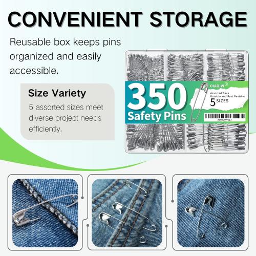 350 Pack Silver Safety Pins for Clothes 5 Assorted Sizes Strong Heavy Duty