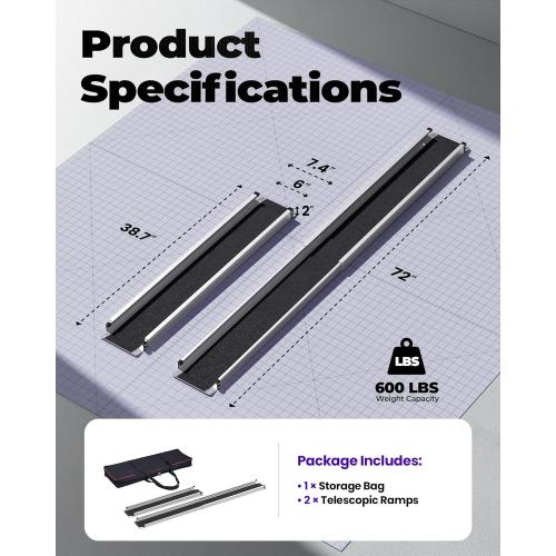 Adjustable Wheelchair Ramp 6FT Telescoping Portable Ramps for Steps Aluminum Lightweight Ramp with Storage Bag Non-Skid Ramps for Wheelchair for Home 72 L x 7.4 W 600lbs Capacity (2 Pack)