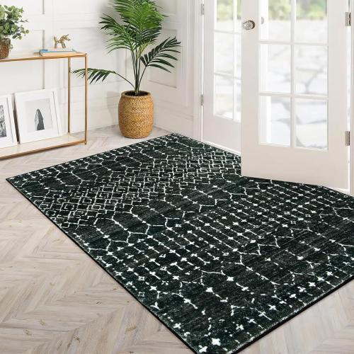 Lahome Moroccan Black Rug for Bedroom Washable Area Rugs 4x6 Non-Slip Ultra-Thin Living Room Carpet Stain Resistant Throw Entryway Indoor Mat, Geometric Print Modren Carpet Rug for Office Kitchen Hana