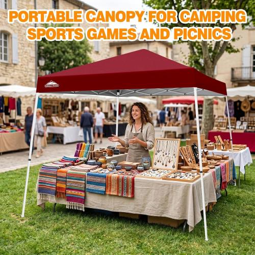 EAGLE PEAK 10x10 Slant Leg Pop-up Canopy Tent Easy One Person Setup Instant Outdoor Beach Canopy Folding Portable Sports Shelter 10x10 Base 8x8 Top (Burgundy)