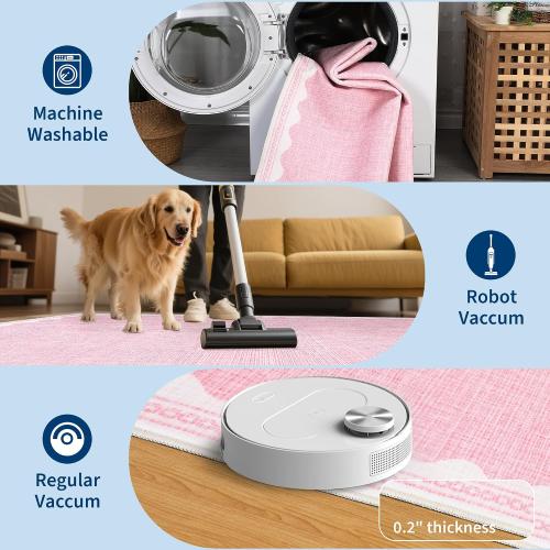 GarveeHome Scalloped 3x5 Washable Rug Non-Slip Low-Pile Indoor Rugs for Entryway Solid Pink Modern Minimalism Carpet for Bedroom Living Room Kitchen Bathroom Indoor Mat  ***? PINK***