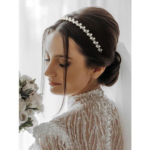 SWEETV Pearl Bridal Headband Handmade Wedding Headbands for Women Silver Rhinestone Hair Band Bridal Headpieces for Wedding Hair Jewelry Accessories