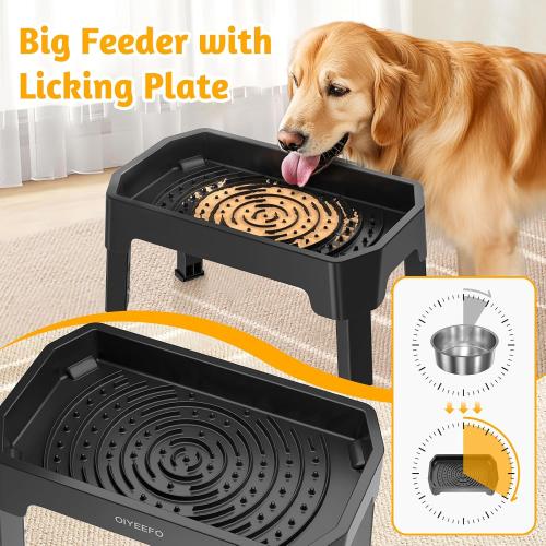 3 in 1 Elevated Dog Bowls Mess Proof: Raised Dogs Bowls - 4 Height Adjustable Dogs Bowl Stand with 2 * 53oz Stainless Steel Dog Food Bowl and Licking Plate for Small Medium Large & Pets,Black