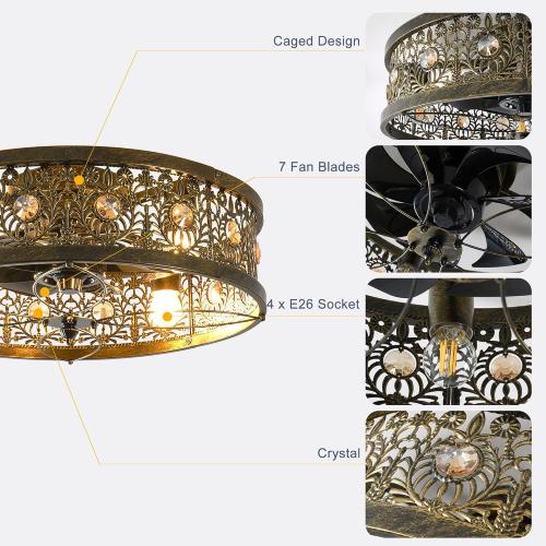 Garwarm 20 Caged Ceiling Fans with Lights, Low Profile Crystal Fandelier