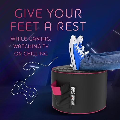 Throne Boss Gaming Footstool - Cover ONLY No Filling - Matching Bean Bag Chair Pouf/Ottoman - Round Gamer Foot Stool Footrest with Drink Holder (Pink)
