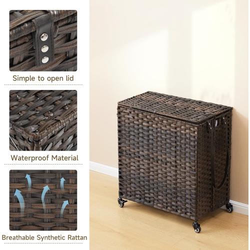 Laundry Hamper with Wheels, 39.6 Gallon(150L) Rolling Laundry Basket with Lid, 3-Section Rattan Clothes Hamper with 3 Removable Liner & 3 Mesh Bags, Laundry Sorter with Side Pocket, Brown