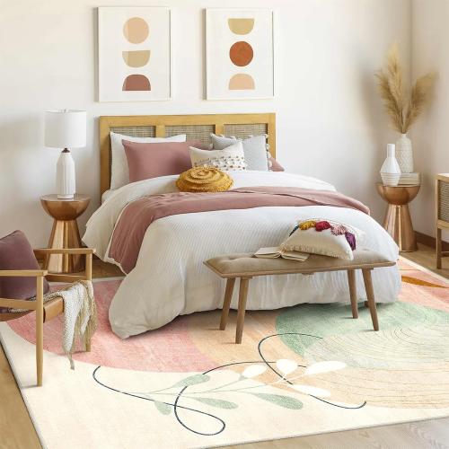 MUJOO Washable 8x10 Area Rugs Low Pile Non Slip Mid Century Modern Large | Machine Washable Big Throw Carpet for Living Room Dining Room Bedroom Indoor Boho Abstract Retro Geometric Accent Pink