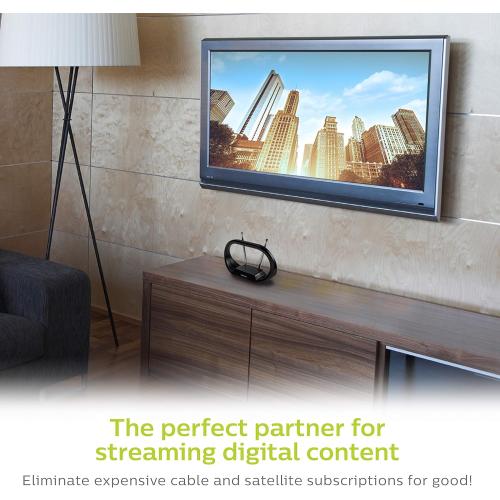 Philips Modern Loop Rabbit Ears Indoor TV Antenna, 15 inch Extendable Dipoles, 4K 1080P VHF UHF, Tabletop Antenna, Digital HDTV Antenna, Smart TV Compatible, 4ft Coaxial Cable, Black, SDV7114A/27