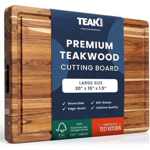 Teakhaus Carving Board with Juice Groove - Large (L) Teak Wood Cutting Board 20”L x 15”W x 1.5” Thick - Sustainably Harvested & FSC Certified - Knife Friendly with Beeswax Oil Finish