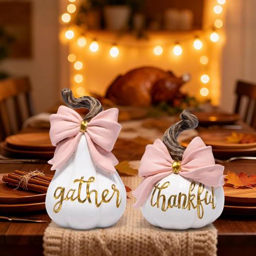 Hodao Thanksgiving White Pumpkin Decorations – Hand-Painted Resin Figurine Set with Pink Bow, Fall Harvest Autumn Ornaments, Gift for Mantel, Dining Table, Tiered Tray, Seasonal Home Décor
