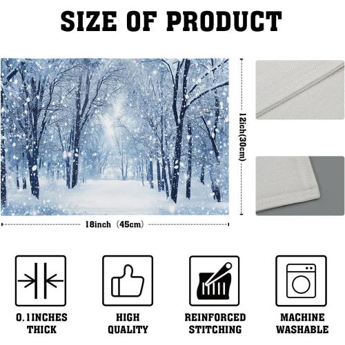 Winter Placemats Set of 4 18x12 Inch Snow Snowflake Forest White Holiday Linen Place Mat Heat-Resistant Washable Wipeable Winter Sence Table Mat for Party Kitchen Dining Home Decor