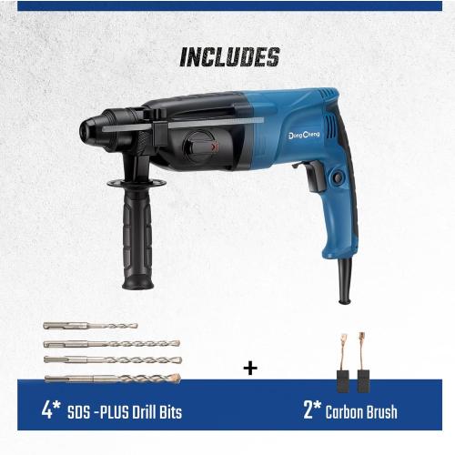 DongCheng 1 Inch SDS-Plus Rotary Hammer Drill with Safety Clutch, 6.7Amp Heavy Duty Corded Demolition Hammer for Concrete, 1200 RPM, 3.0 Joules, Including 4pcs Drill Bits