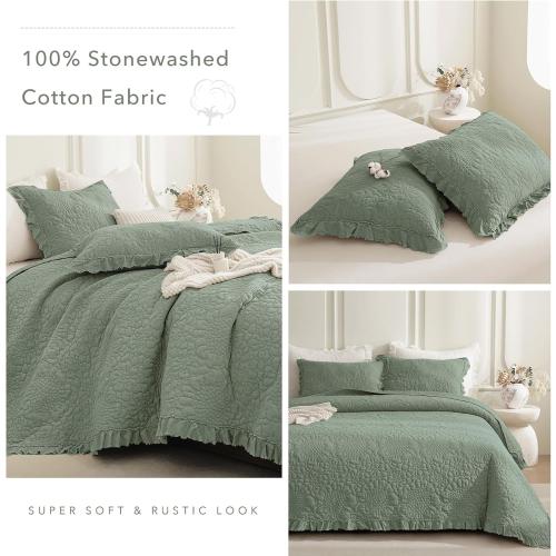 QSH Green Stonewashed Cotton Oversized King Quilt Bedspread Set(128x120),3PCs Farmhouse Ruffled Bedspread California King,Ultra Soft Lightweight Crinkled Quilt Coverlet Set with Pillow Shams