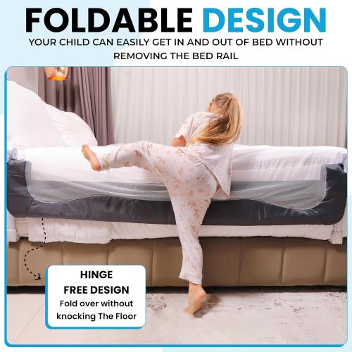 TotCraft Flexguard Adjustable Length & Height Bed Rail for Toddlers – Fits Twin, Full, Queen & King Beds – 35.5″ or 59″ Two Fixed Lengths – 14 Height Levels – ASTM Certified Bed Rail for Baby (Grey)