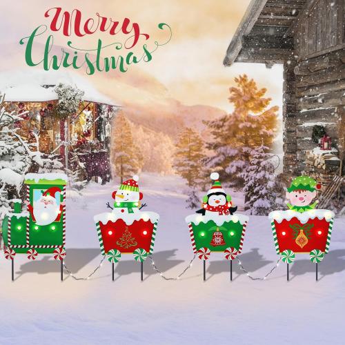 WONDER GARDEN Christmas Metal Yard Stakes, Lighted 3 Pack Christmas Garden Stakes Yard Signs, Outdoor Decorations Train with Santa, Snowman, Penguin, Boy for Lawn Party Outside