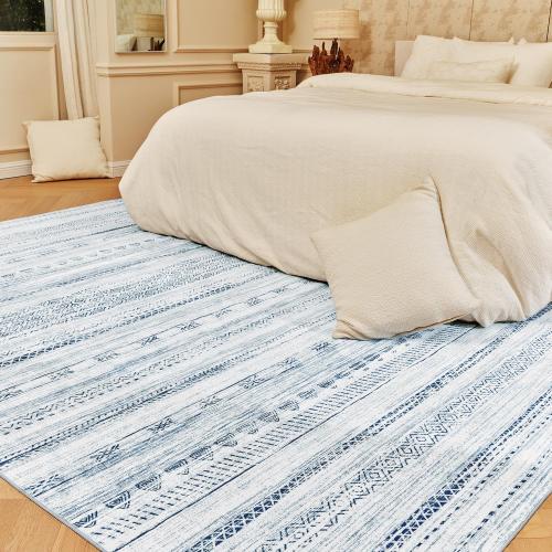9x12 Area Rugs for Living Room Machine Washable Rug Distressed Indoor Carpet Neutral Moroccan Boho Rug Ultra Soft Area Rug for Bedroom Dining Room Playroom Office, Blue