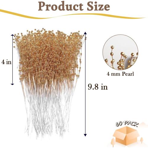 60 Pieces Pearl Stick Stems Bouquets, 4mm Bead String Garland Beaded Spray Filler Floral Arrangements Tree Picks Wedding Party Decoration, Christmas Tree Picks (Gold)