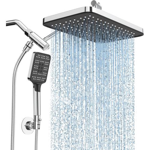 High Pressure Rain Shower Head with Handheld Spray Combo Set, Adjustable 12 Rainfall Dual Shower Head, Double&Tandem Shower Head, Waterfall Showerhead Bathroom -Silver Chrome